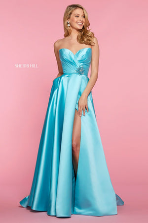 Sherri Hill 53308 dress images in these colors: Bright Pink, Teal, Blush, Red, Light Blue, Emerald, Mocha, Aqua, Royal.