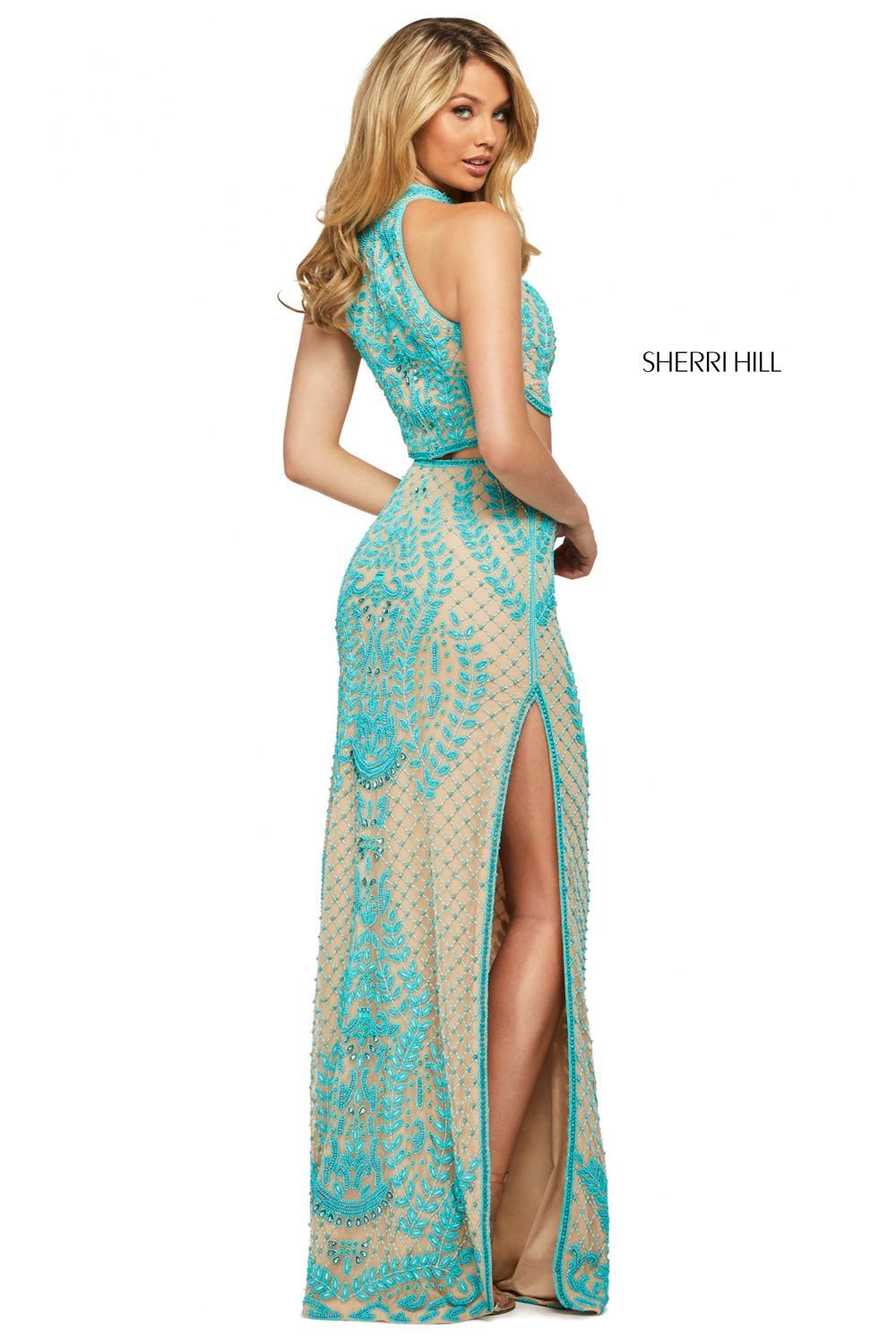 Sherri Hill 53436 dress images in these colors: Nude Ivory, Nude Turquoise, Pink, Coral, Yellow, Aqua.