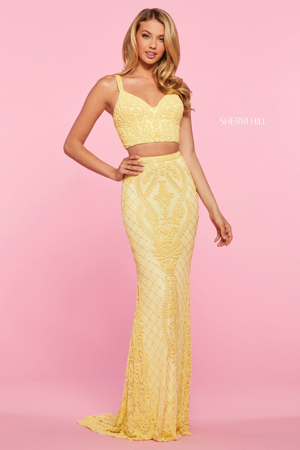 Sherri Hill 53437 dress images in these colors: Periwinkle Ivory, Yellow, Nude Black, Black Ivory.