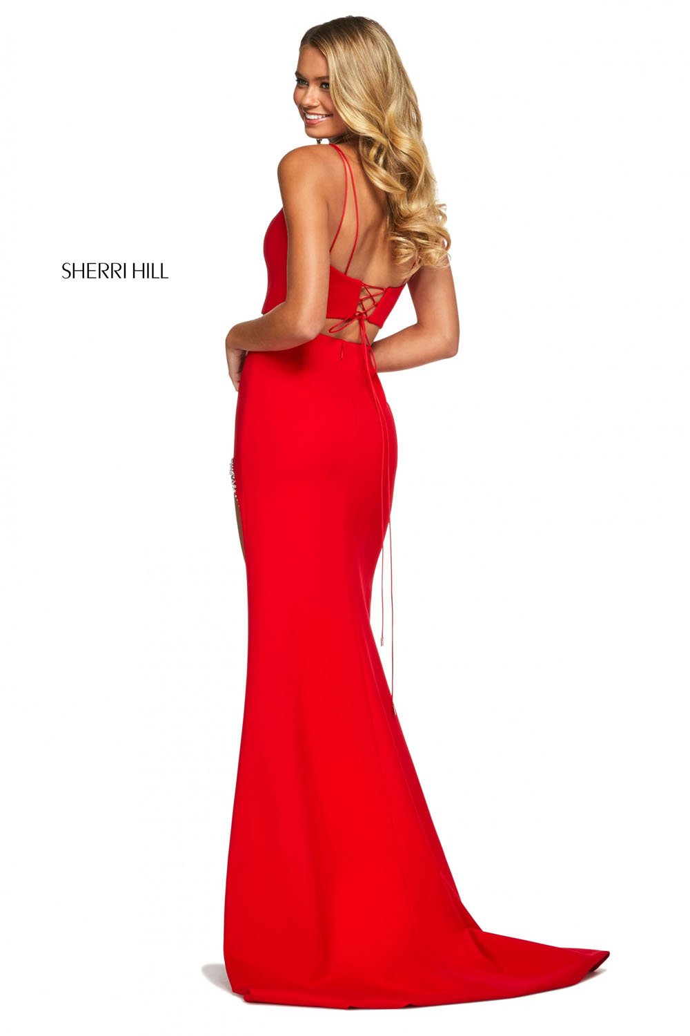 Sherri Hill 53602 dress images in these colors: Orange, Ivory, Royal, Light Blue, Pink, Navy, Yellow, Red, Black.