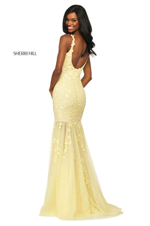 Sherri Hill 53723 dress images in these colors: Yellow, Light Blue, Black, Lilac, Blush, Gold, Bright Pink, Ivory, Ivory Nude, Coral, Red, Navy.
