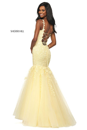 Sherri Hill 53826 dress images in these colors: Blush, Lilac, Coral, Ivory Nude, Light Blue, Yellow, Bright Pink, Gold, Black, Red.