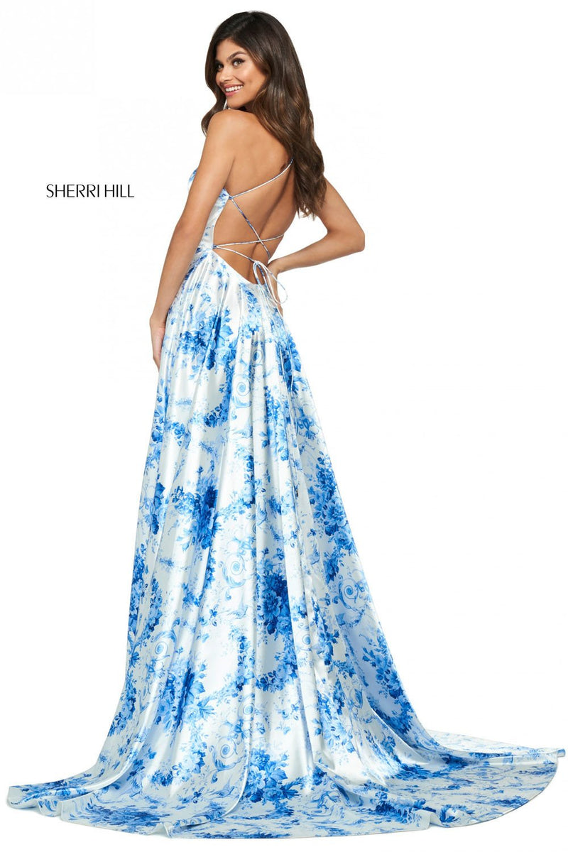 Sherri Hill 53902 Prom Dress - Ivory-Blue-Print | NewYorkDress Sherri Hill 53902 Prom Dress - Ivory-Blue-Print | NewYorkDress
