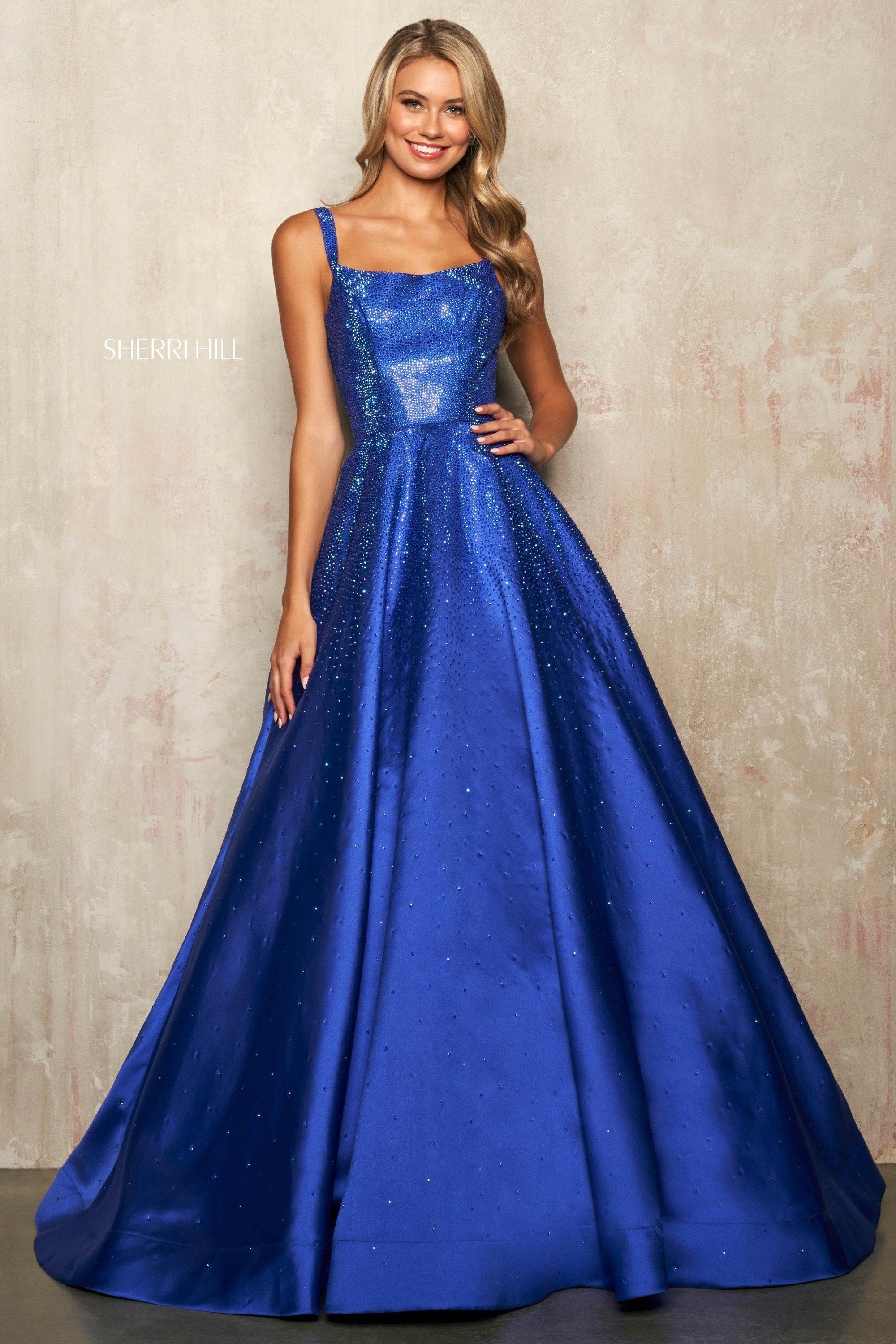 Sherri Hill 54154 dress images in these colors: Red, Royal, Navy, Magenta, Bright Pink, Black.