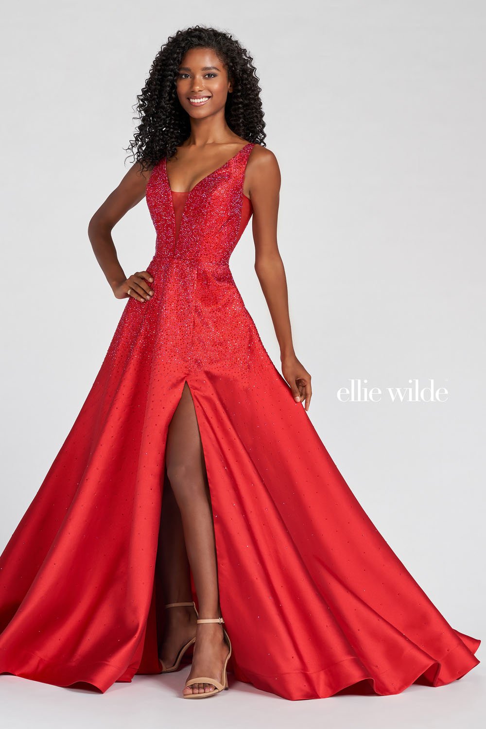 Ellie Wilde Red EW122021 Prom Dress Image.  Red formal dress.
