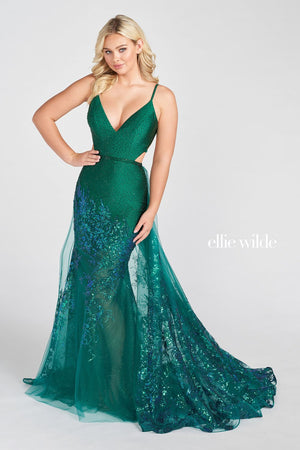 Ellie Wilde Emerald EW122023 Prom Dress Image.  Emerald formal dress.