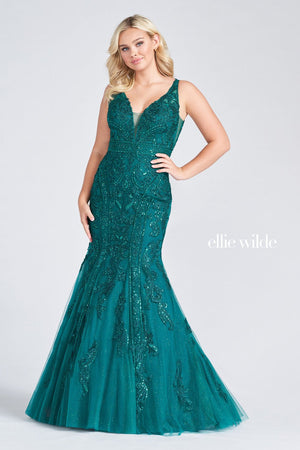 Ellie Wilde Emerald EW122034 Prom Dress Image.  Emerald formal dress.