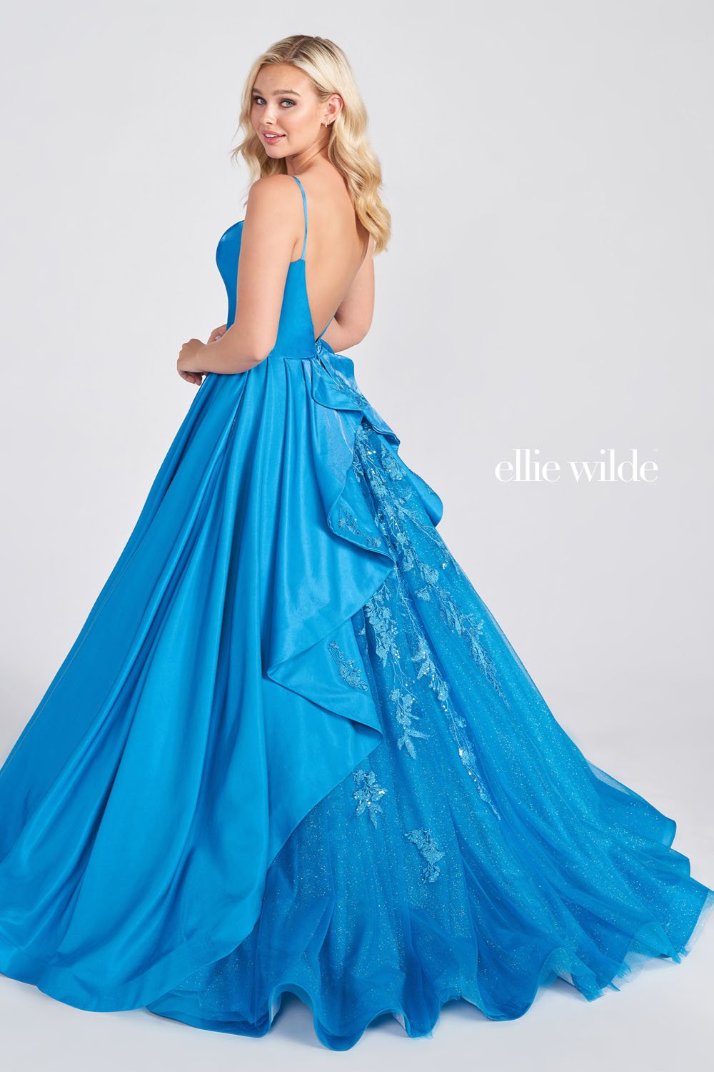 Ellie Wilde Ocean Blue EW122046 Prom Dress Image.  Ocean Blue formal dress.