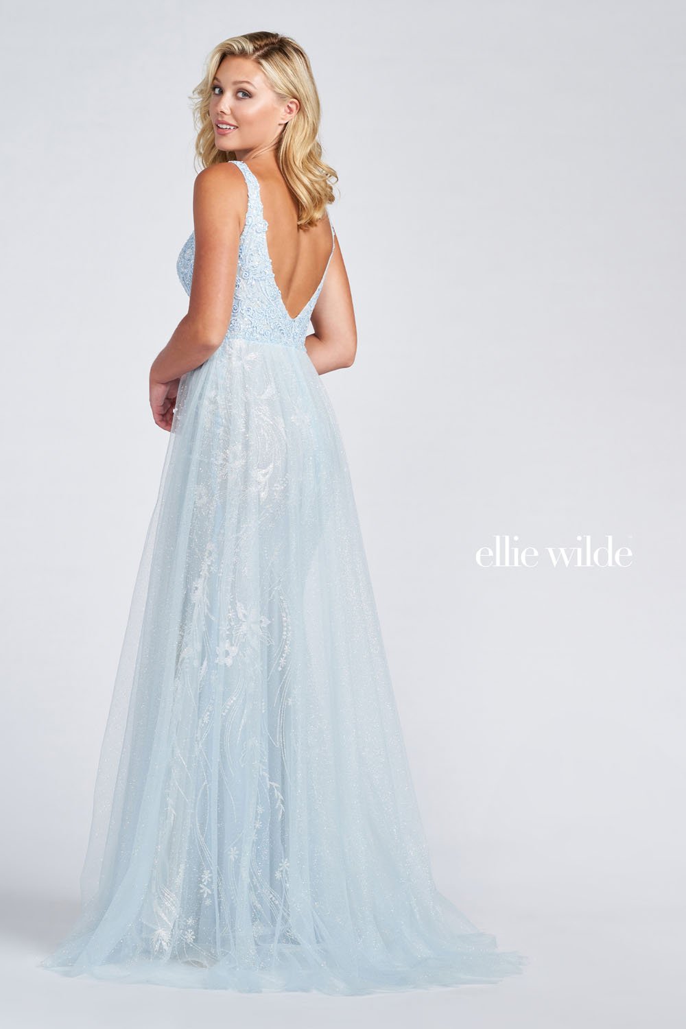 Ellie Wilde Ice Blue EW122054 Prom Dress Image.  Ice Blue formal dress.