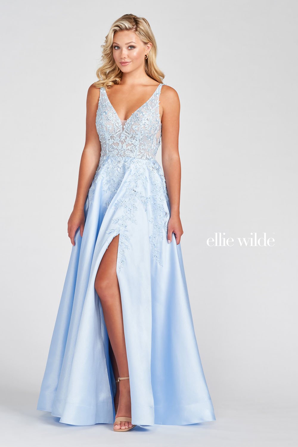 Ellie Wilde Light Blue EW122074 Prom Dress Image.  Light Blue formal dress.