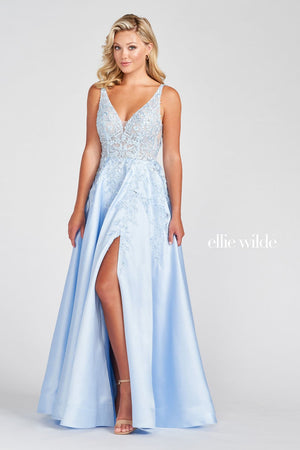 Ellie Wilde Light Blue EW122074 Prom Dress Image.  Light Blue formal dress.