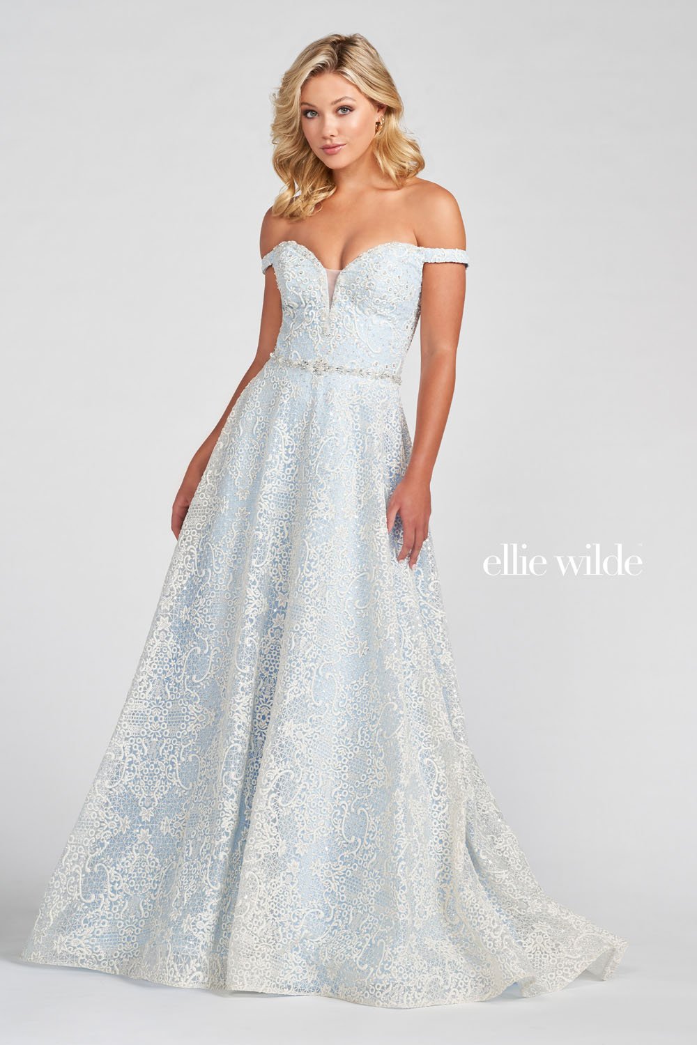 Ellie Wilde Ivory Light Blue EW122115 Prom Dress Image.  Ivory Light Blue formal dress.