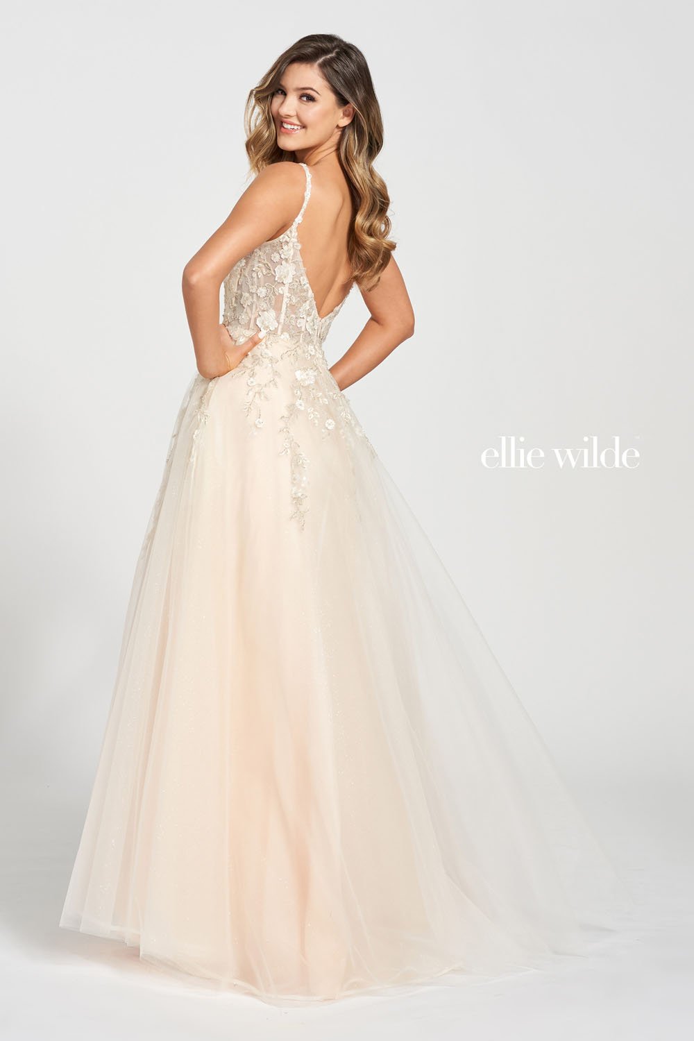 Ellie Wilde Ivory Vanilla EW122117 Prom Dress Image.  Ivory Vanilla formal dress.