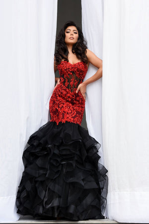 Jasz Couture 7025 dress images in these colors: Black Red, Wine, Yellow.