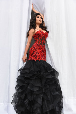 Jasz Couture 7025 dress images in these colors: Black Red, Wine, Yellow.