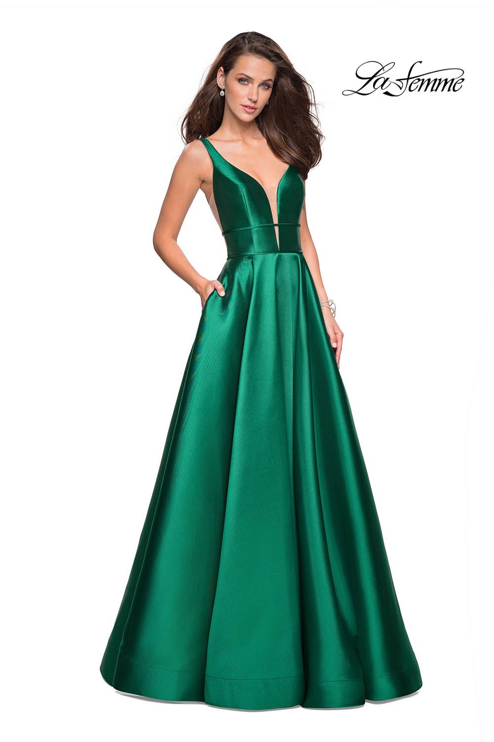 La Femme 26768 dress images in these colors: Bright Pink, Emerald, Pale Yellow, Sapphire Blue.