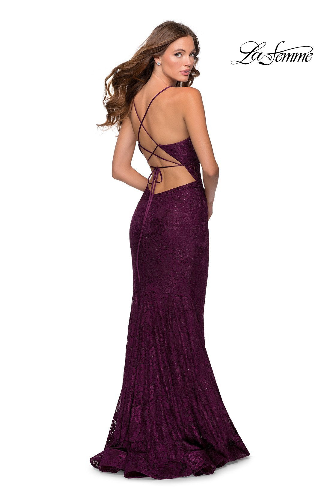 La Femme 28534 dress images in these colors: Dark Berry, Emerald, Navy.