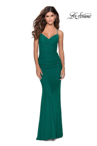 La Femme 28541 dress images in these colors: Burgundy, Emerald, Navy, Pale Yellow.