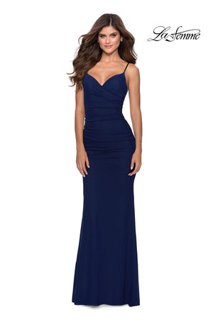 La Femme 28541 dress images in these colors: Burgundy, Emerald, Navy, Pale Yellow.