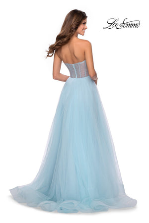 La Femme 28559 dress images in these colors: Light Blue, Lilac Mist, Peach, Yellow.