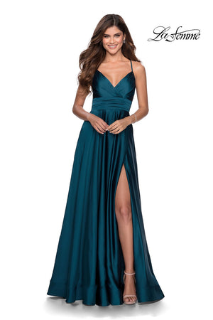 La Femme 28571 dress images in these colors: Coral, Royal Blue, Teal, Wine, Yellow.