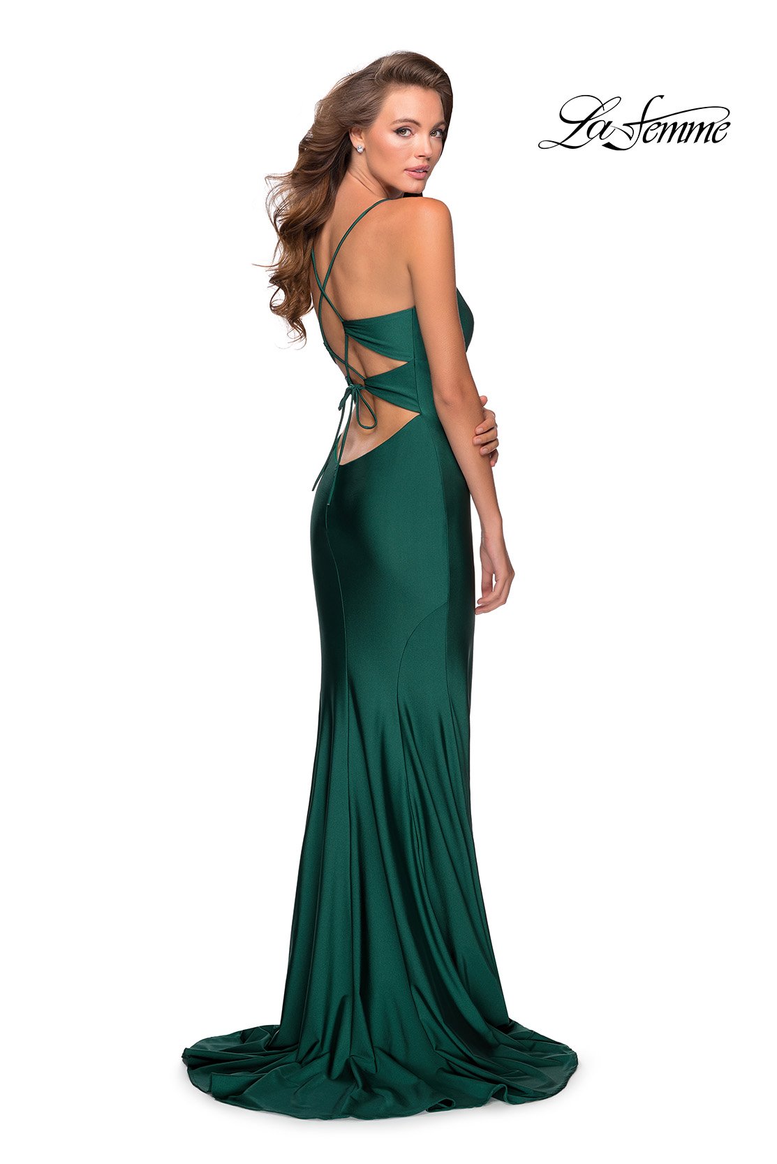La Femme 28584 dress images in these colors: Emerald, Royal Blue, White.