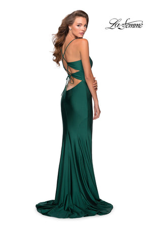 La Femme 28584 dress images in these colors: Emerald, Royal Blue, White.