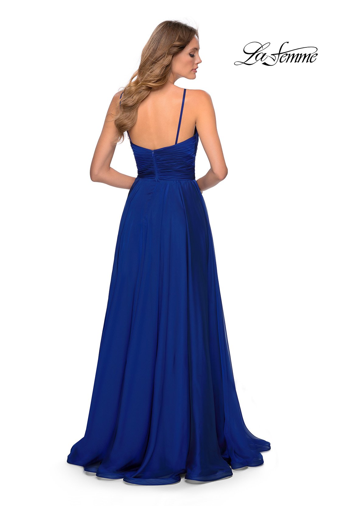 La Femme 28611 dress images in these colors: Cloud Blue, Garnet, Marine Blue, Mauve.