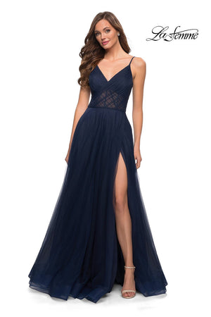 La Femme 29076 dress images in these colors: Dark Berry, Dusty Mauve, Navy.