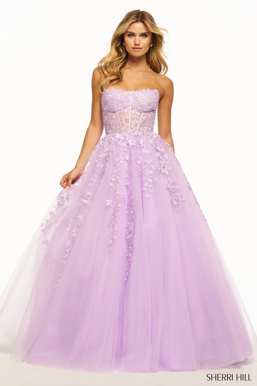 Sherri Hill 55993 prom dress images.  Sherri Hill 55993 is available in these colors: Ivory Nude, Lilac, Bright Pink, Black, Red, Royal, Ivory, Blush, Light Blue, Yellow.