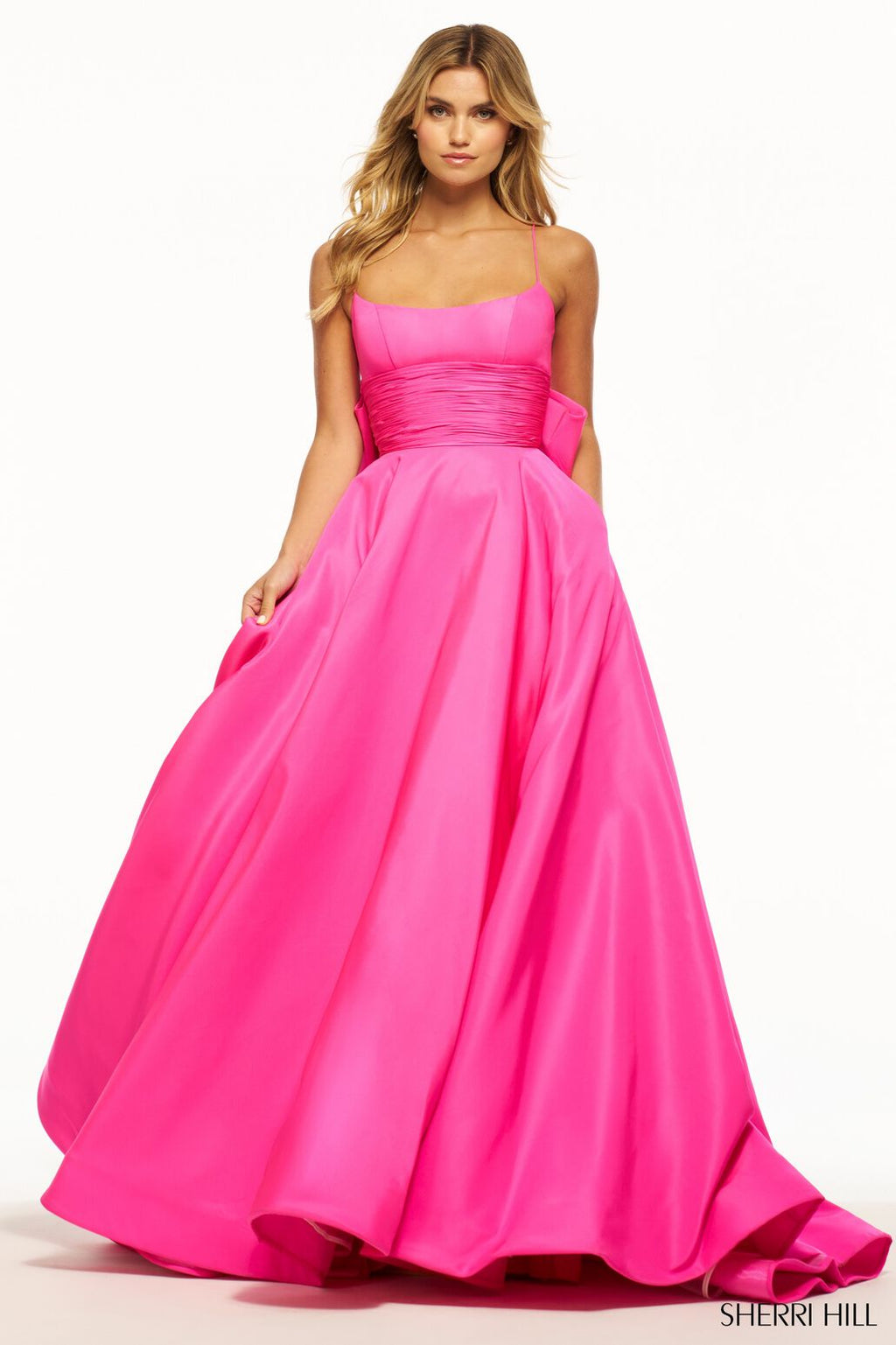Sherri Hill 55996 prom dress images.  Sherri Hill 55996 is available in these colors: Bright Pink, Red, Black, Light Blue, Lilac.