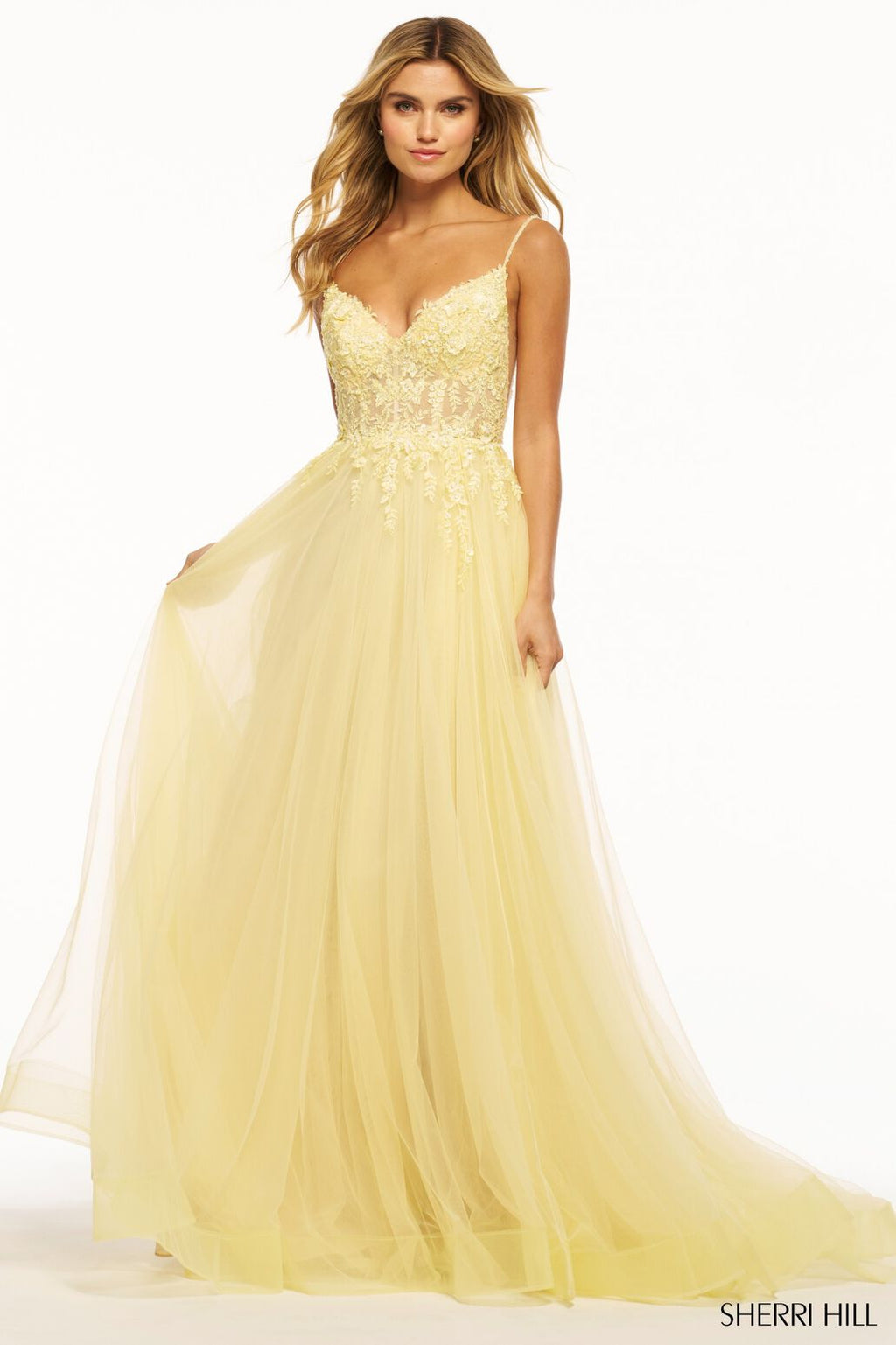 Sherri Hill 55998 prom dress images.  Sherri Hill 55998 is available in these colors: Yellow, Blush, Light Blue.