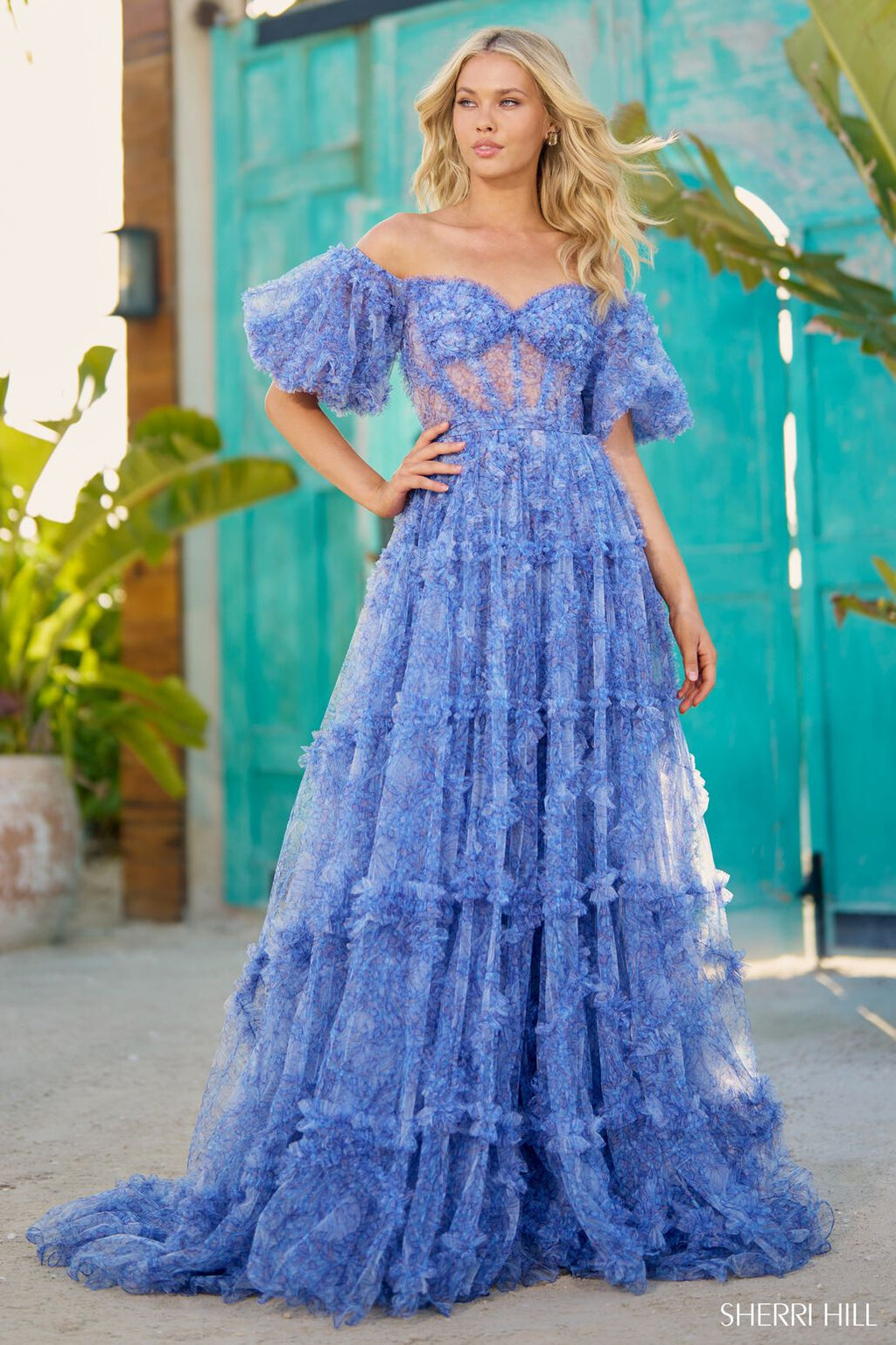Sherri Hill 56009 prom dress images.  Sherri Hill 56009 is available in these colors: Blue Print.