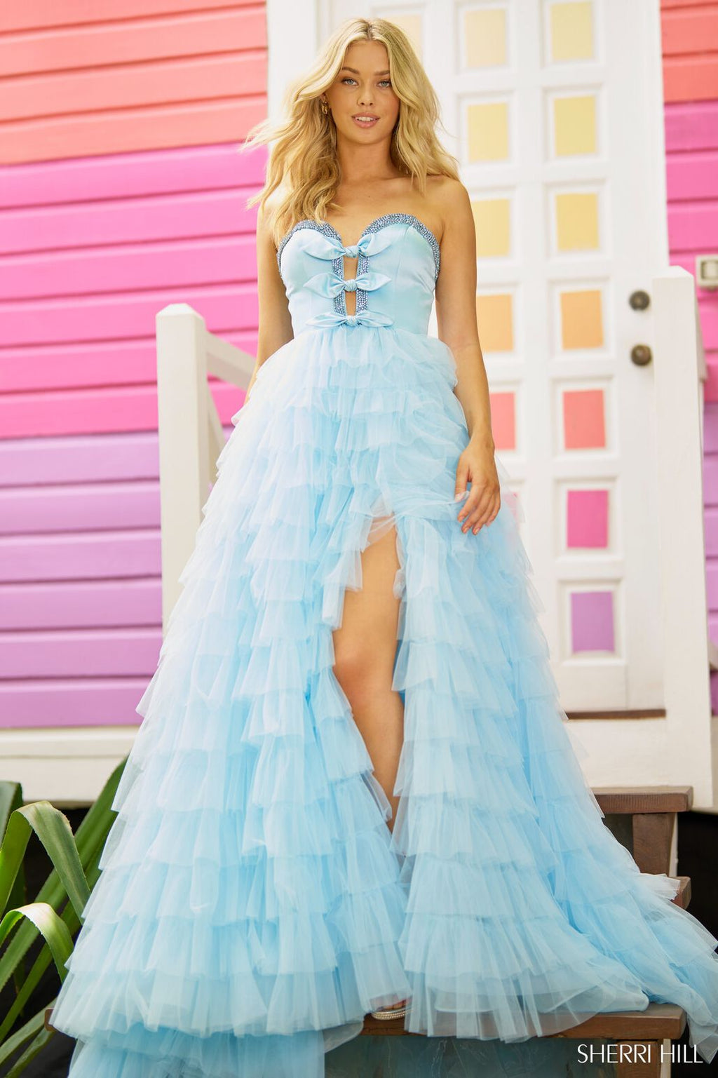 Sherri Hill 56012 prom dress images.  Sherri Hill 56012 is available in these colors: Ivory, Light Blue, Black.