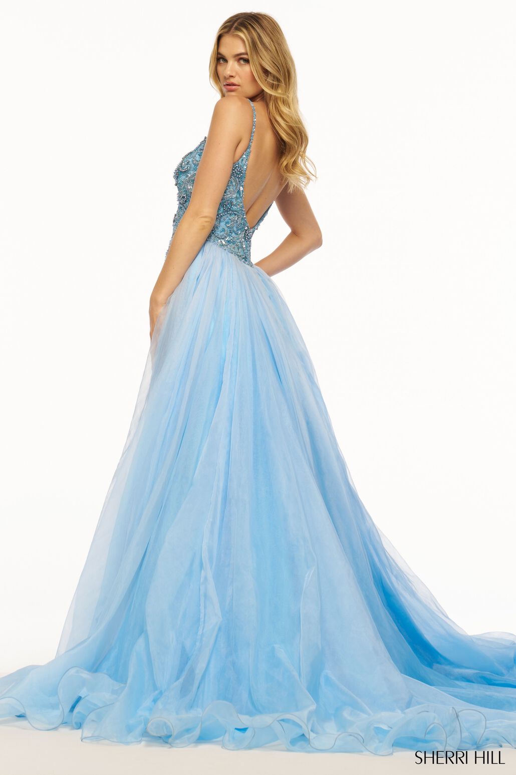 Sherri Hill 56018 prom dress images.  Sherri Hill 56018 is available in these colors: Fuchsia, Blue, Lilac, Yellow, Black, Aqua.