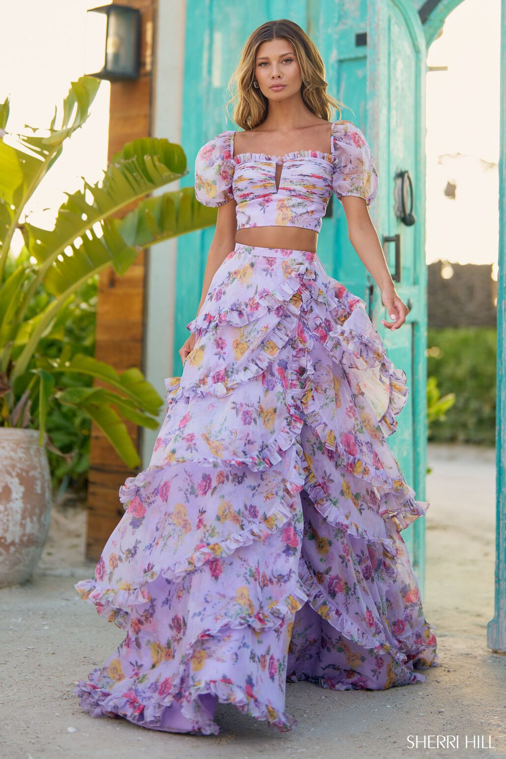 Sherri Hill 56024 prom dress images.  Sherri Hill 56024 is available in these colors: Lilac Print.