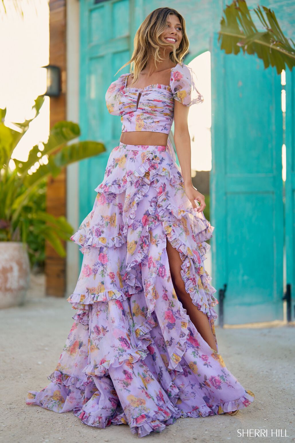 Sherri Hill 56024 prom dress images.  Sherri Hill 56024 is available in these colors: Lilac Print.