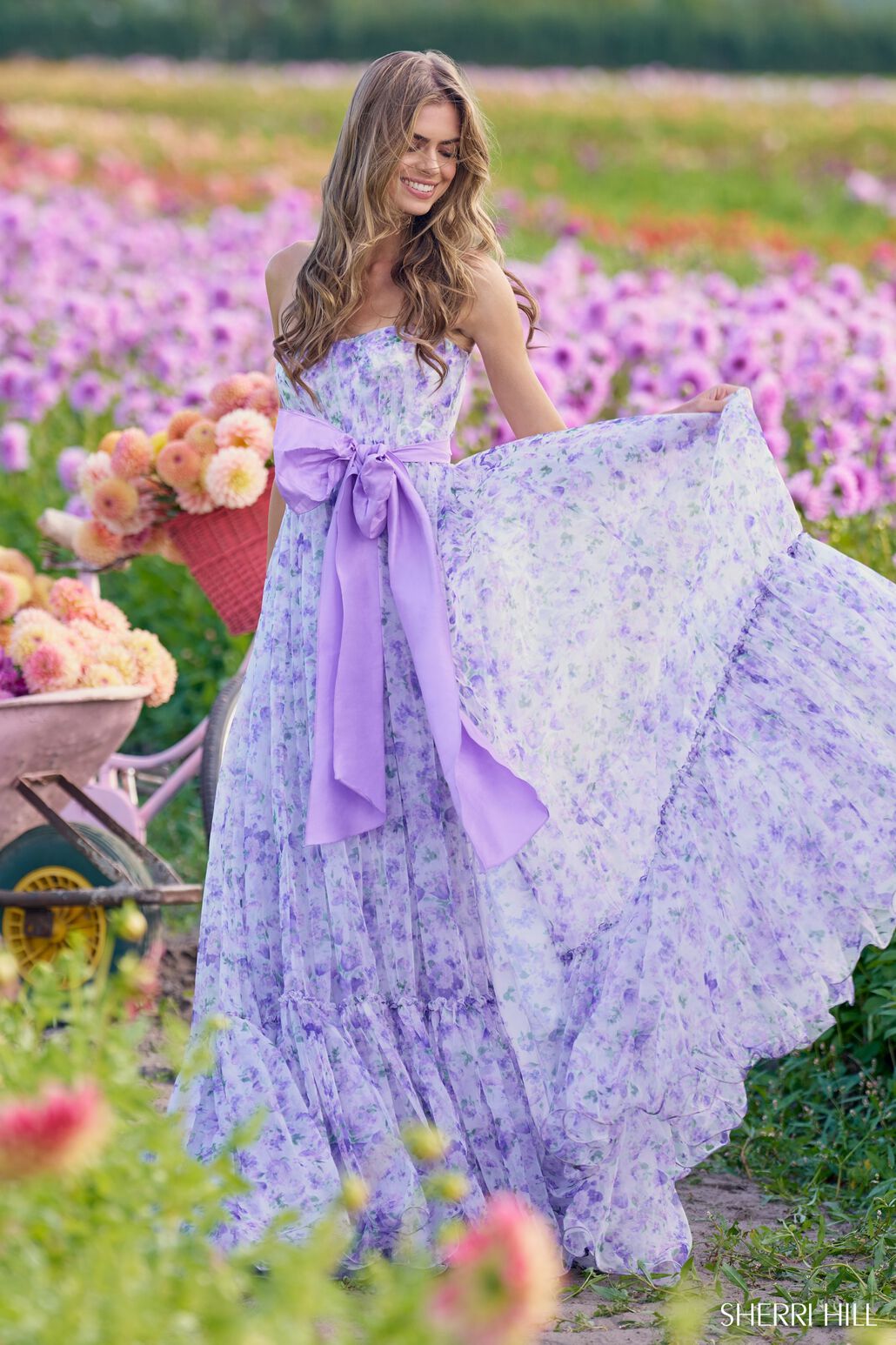 Sherri Hill 56243 prom dress images.  Sherri Hill 56243 is available in these colors: Lilac Print.