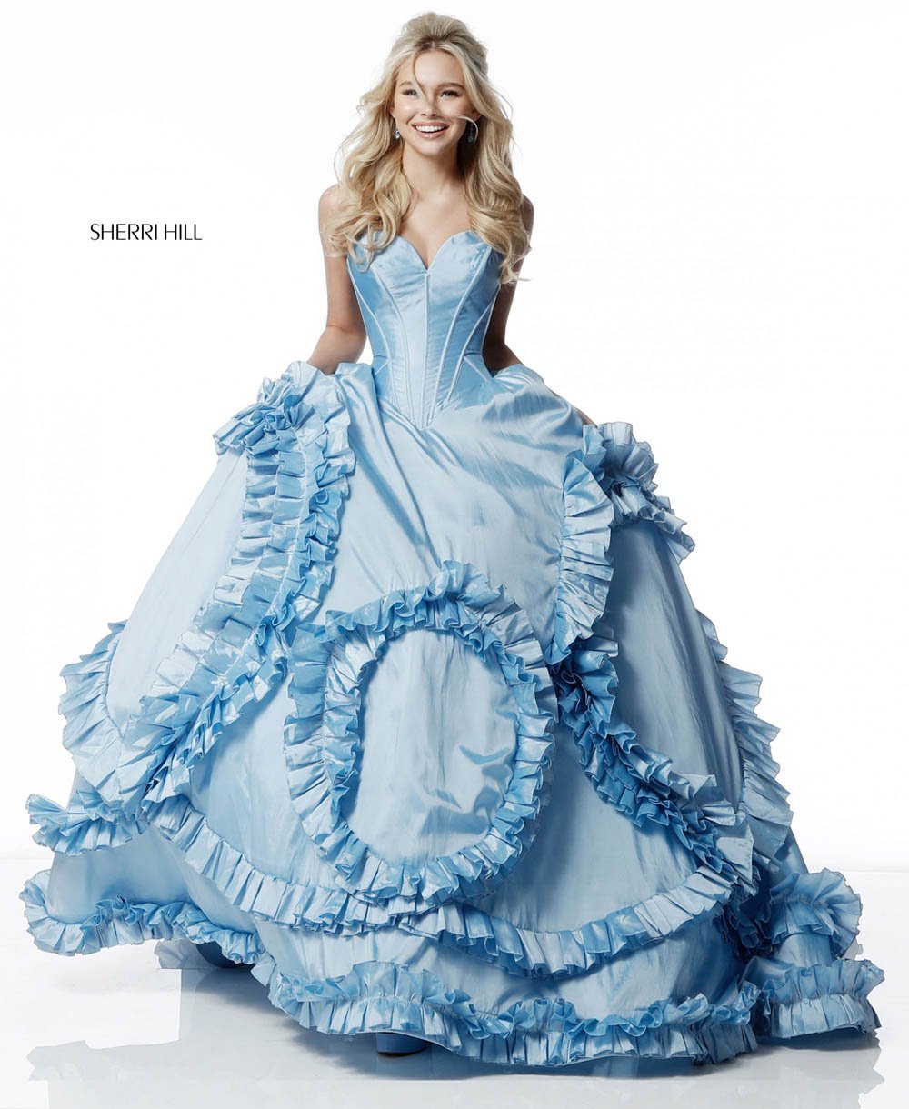 Sherri Hill 51578 dress images in these colors: Light Blue, Blush, Black, Red, Pink, Ivory, Fuchsia, Yellow.