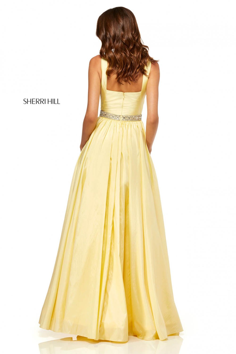 Sherri Hill 52414 dress images in these colors: Ivory, Light Blue, Lilac, Yellow, Pink.