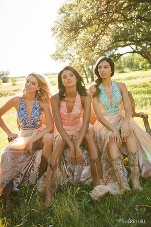 Sherri Hill 52475 dress images in these colors: Nude Blue, Ivory Blue, Nude Aqua, Ivory Coral, Nude Coral, Ivory Aqua.