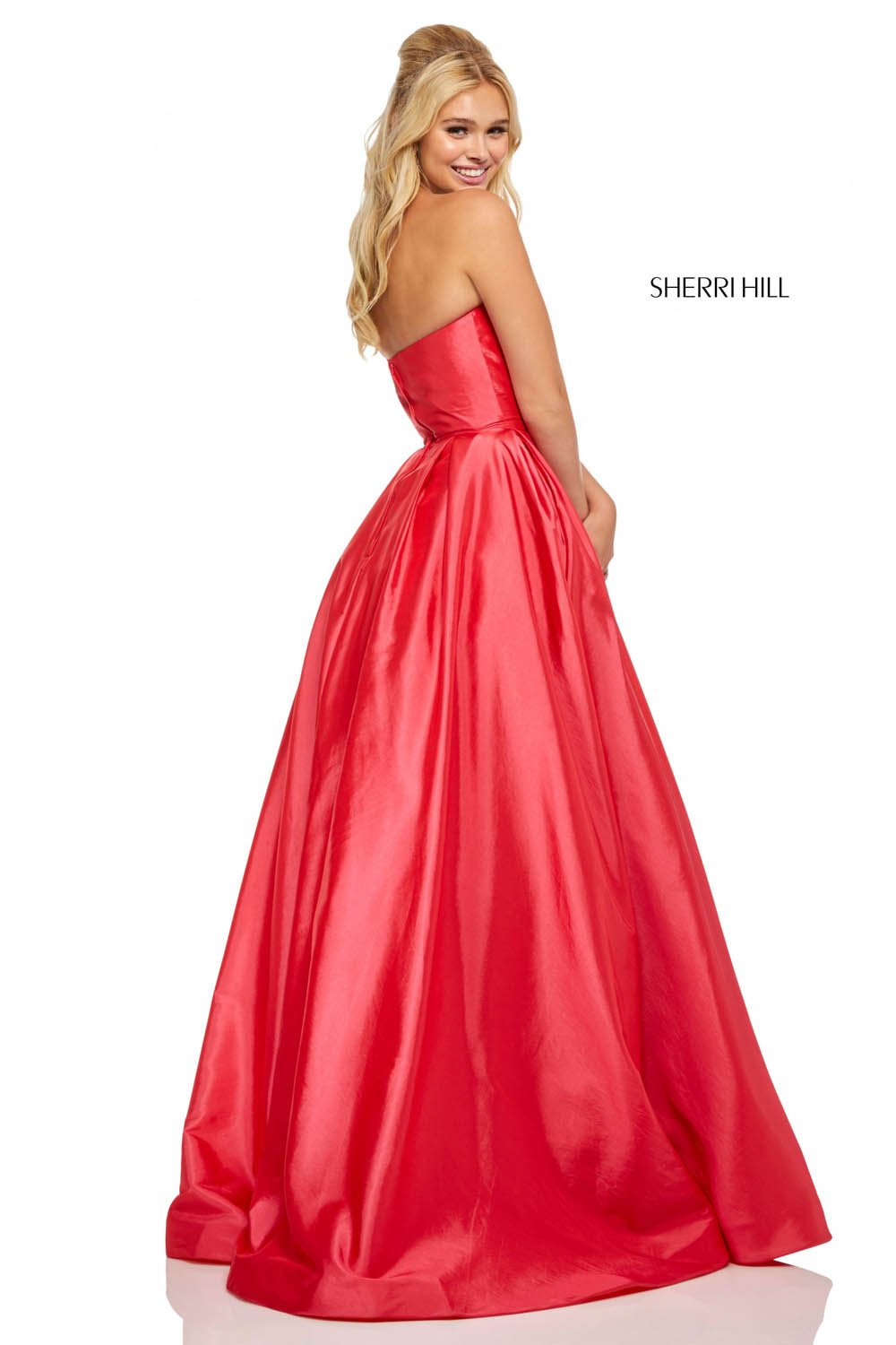 Sherri Hill 52603 dress images in these colors: Red, Navy, Lilac, Light Blue, Dark Coral, Emerald, Light Yellow, Bright Pink.