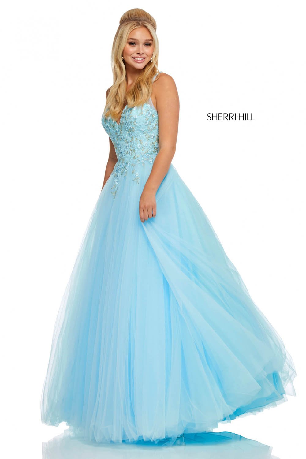 Sherri Hill 52738 dress images in these colors: Light Blue, Yellow, Pink.
