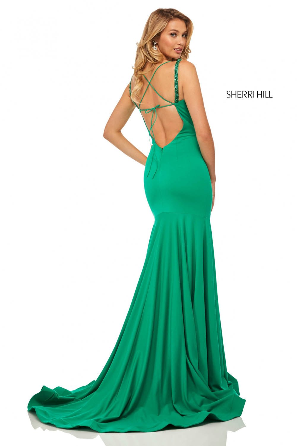 Sherri Hill 52883 dress images in these colors: Wine, Red, Emerald, Black.