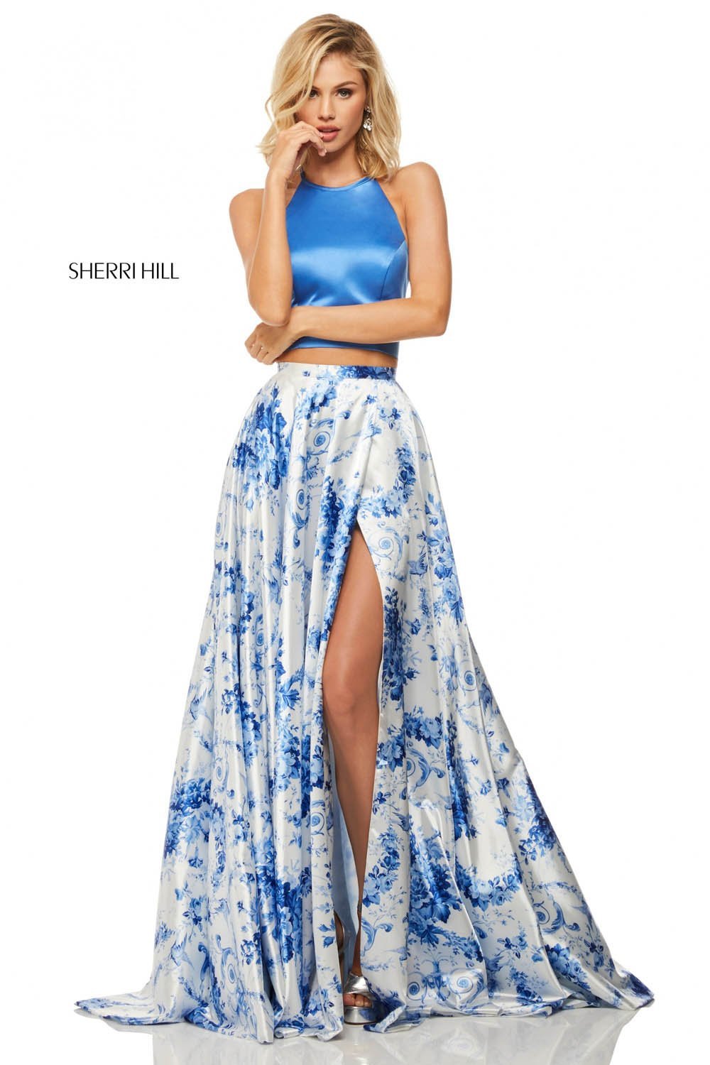 Sherri Hill 52894 dress images in these colors: Blue Ivory Print.