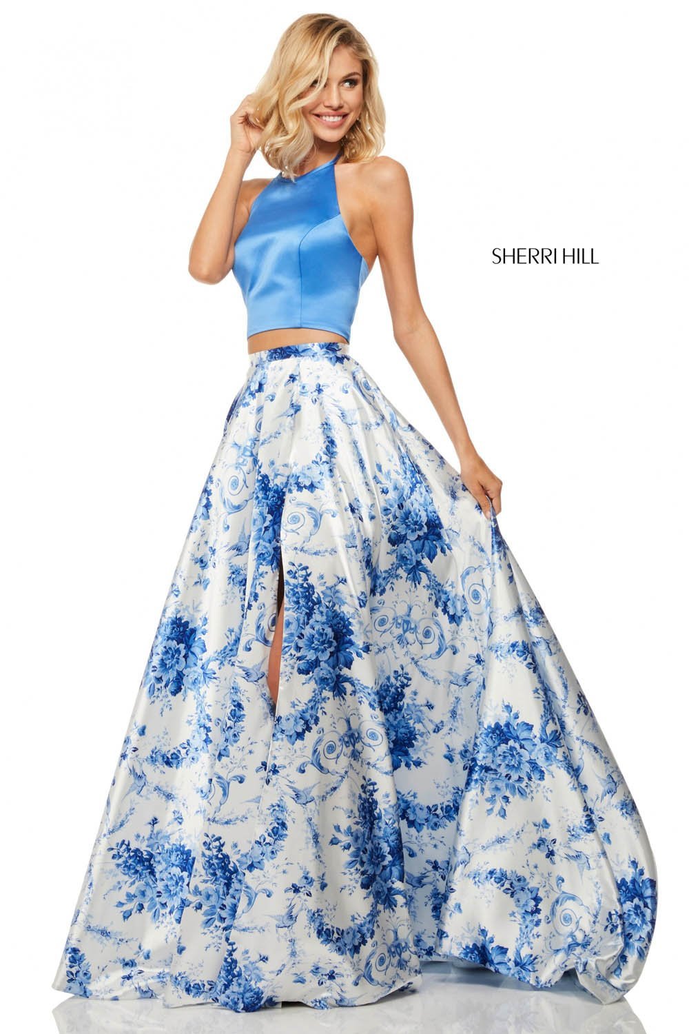 Sherri Hill 52894 dress images in these colors: Blue Ivory Print.