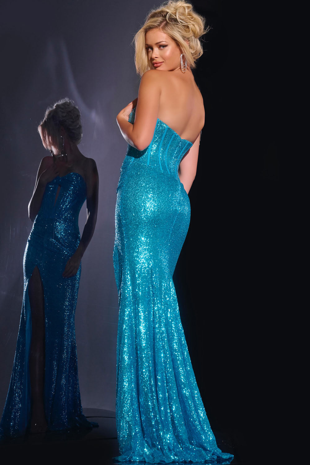 Jovani Style 42514 prom dress images.  Jovani 42514 colors are: Turquoise, Black, Orange, White Ab.