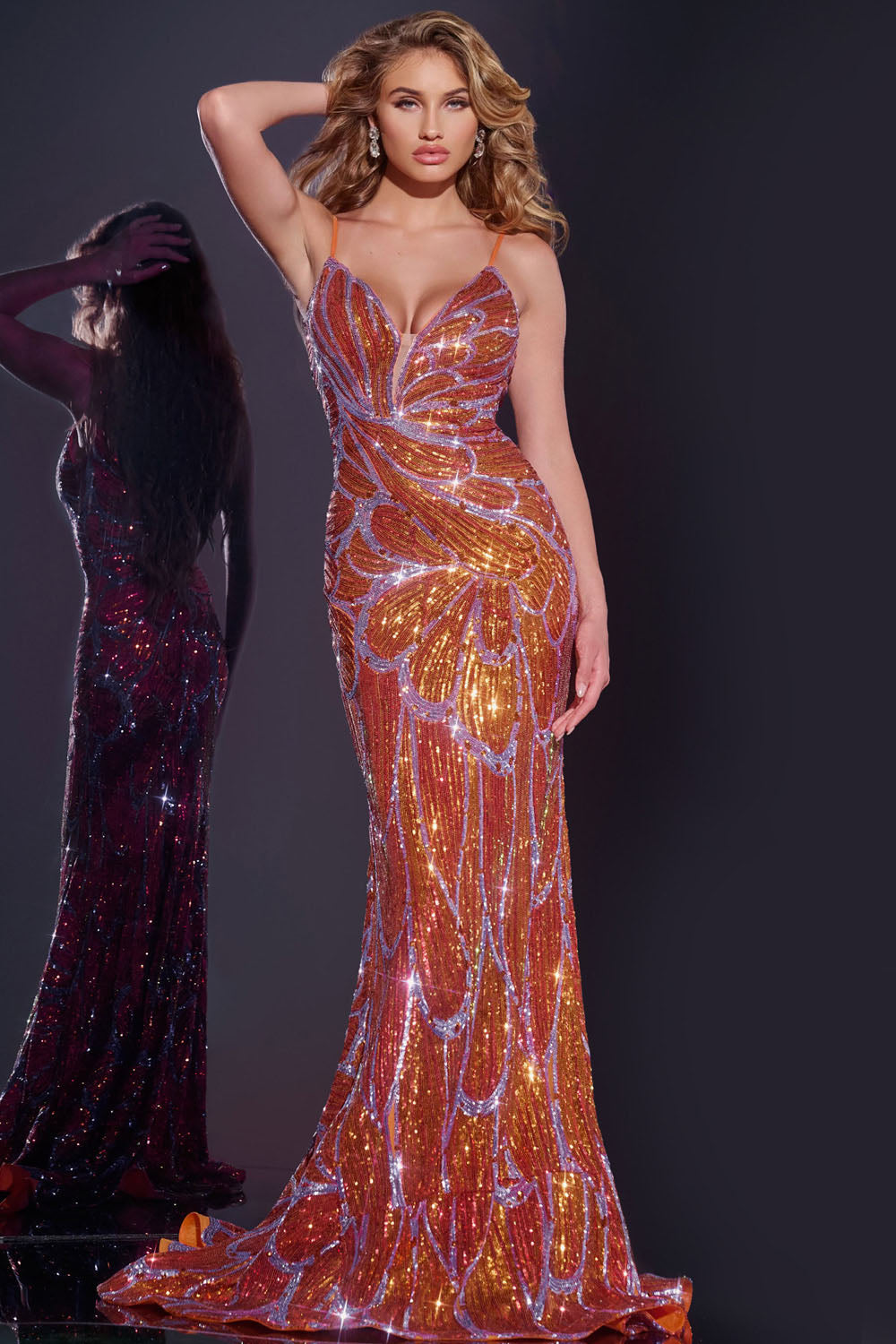Jovani Style 42600 prom dress images.  Jovani 42600 colors are: Orange Lilac, Royal, Black Gold.