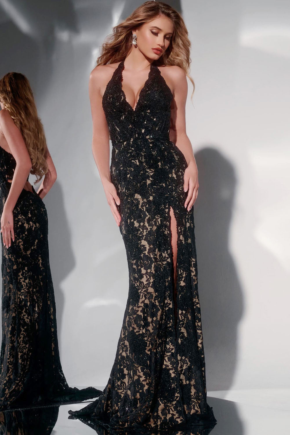Jovani Style 43097 prom dress images.  Jovani 43097 colors are: Black, Emerald, Ivory, Red, Royal.