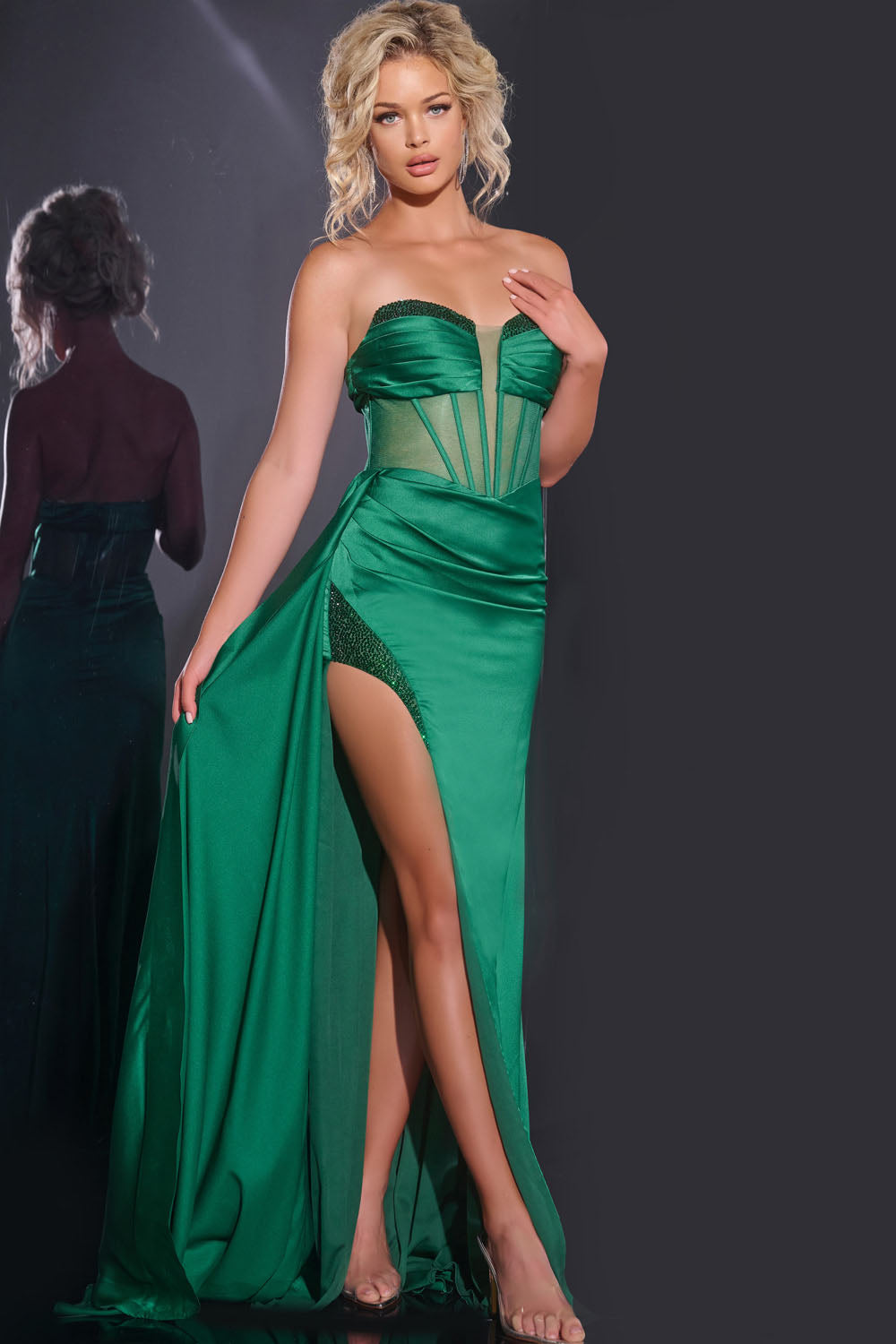 Jovani Style 43157 prom dress images.  Jovani 43157 colors are: Emerald, Blush.